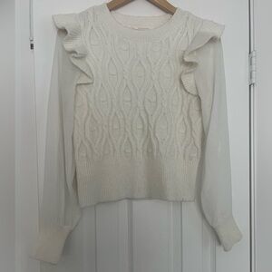 Anthropologie Cream Knit Pullover, sheer sleeves, ruffle shoulder Size XS